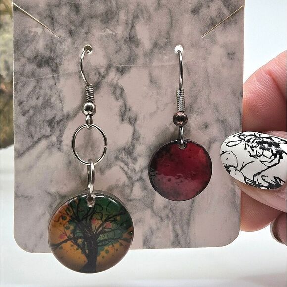 "5/$25" Mismatched Art Tree Circle Dangle Earrings - Picture 1 of 8